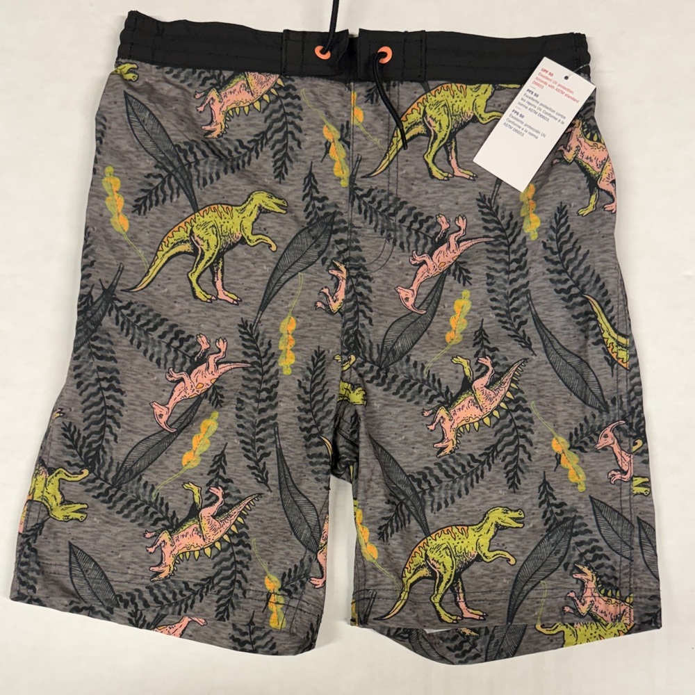 Boys Gray Dino Print Swim Shorts